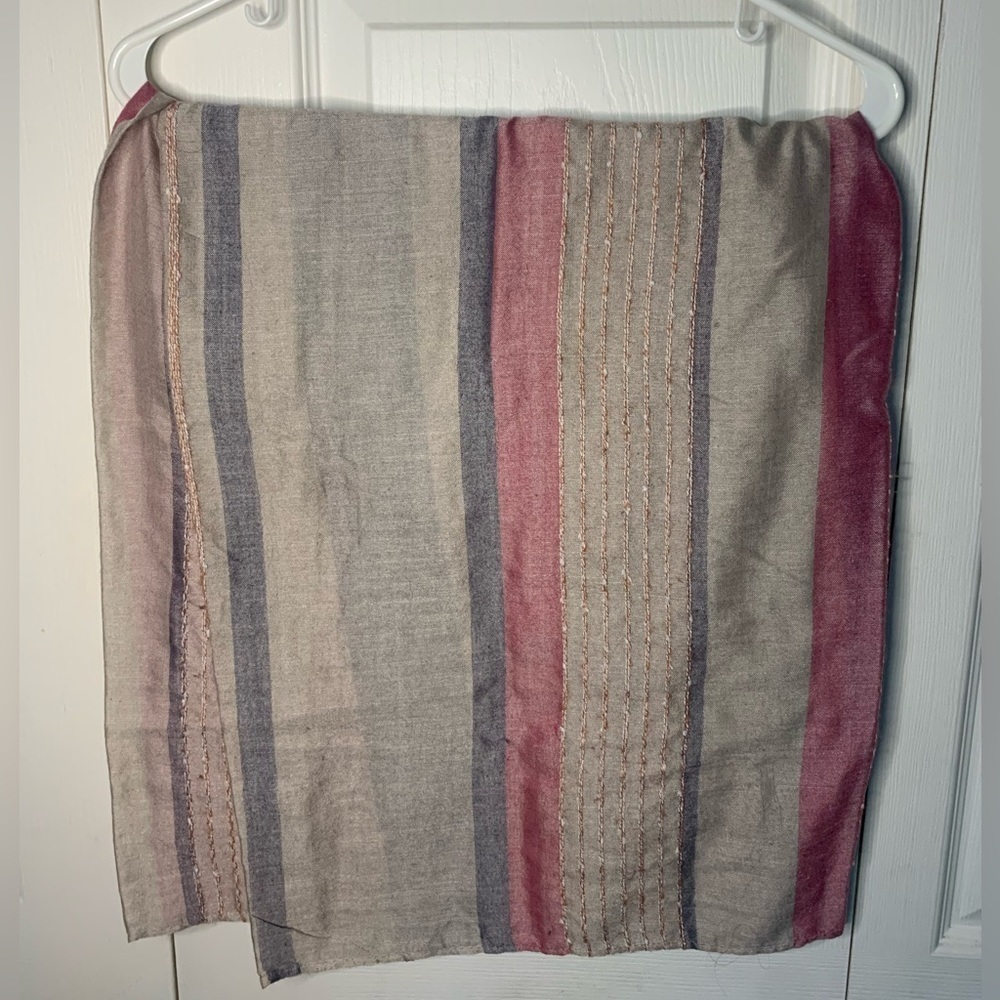 Infinity scarf, tan pink and purple.